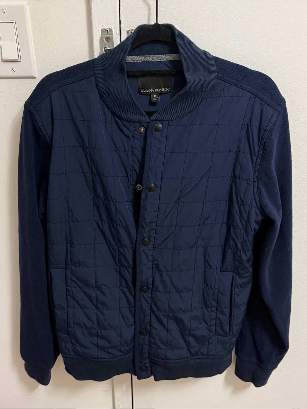 Banana Republic Navy Quilted Bomber Jacket with Knit Sleeves
